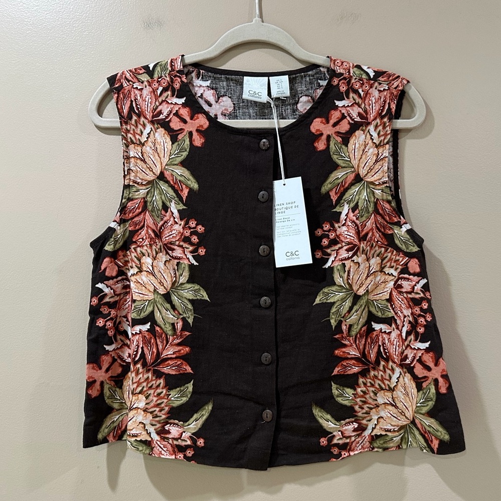 C&C California Small Brown Floral Linen Tank Top Front Button Coastal Beach  NWT